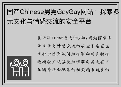 国产Chinese男男GayGay网站：探索多元文化与情感交流的安全平台